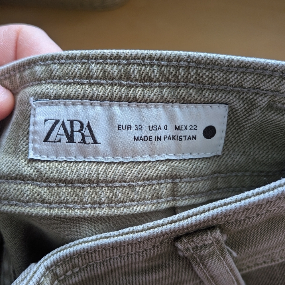 ZARA The Marine Straight Green Kaki Washed Flare Women Pants High Rose Size 0 - Picture 7 of 13